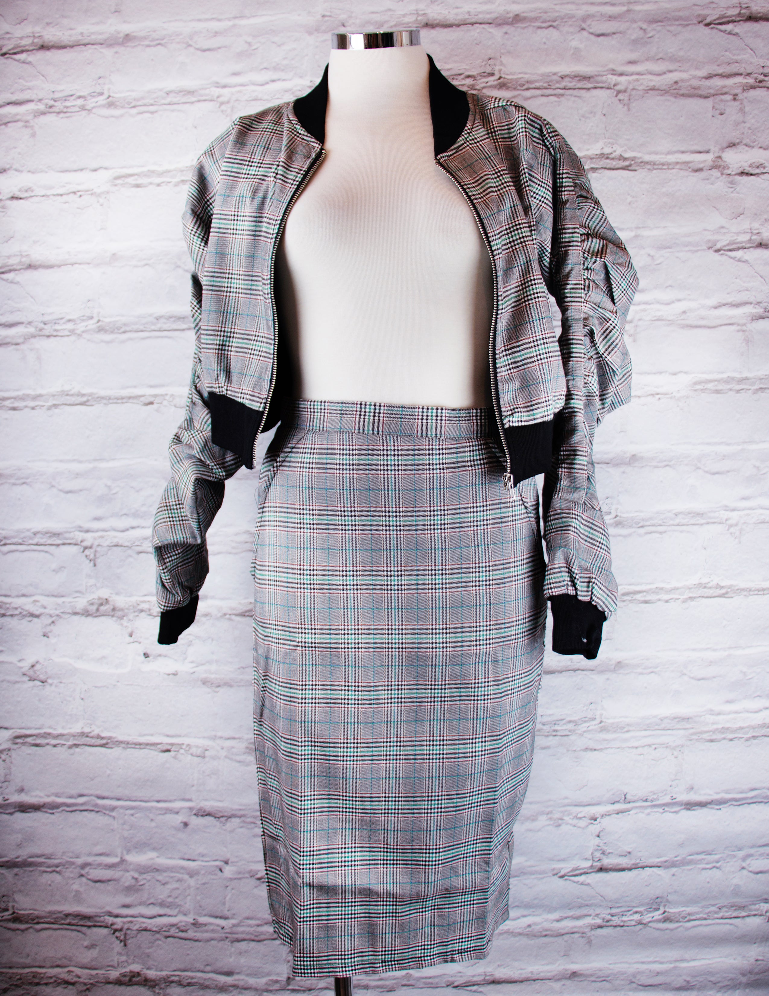 Plaid Cropped Jacket/ Skirt Set