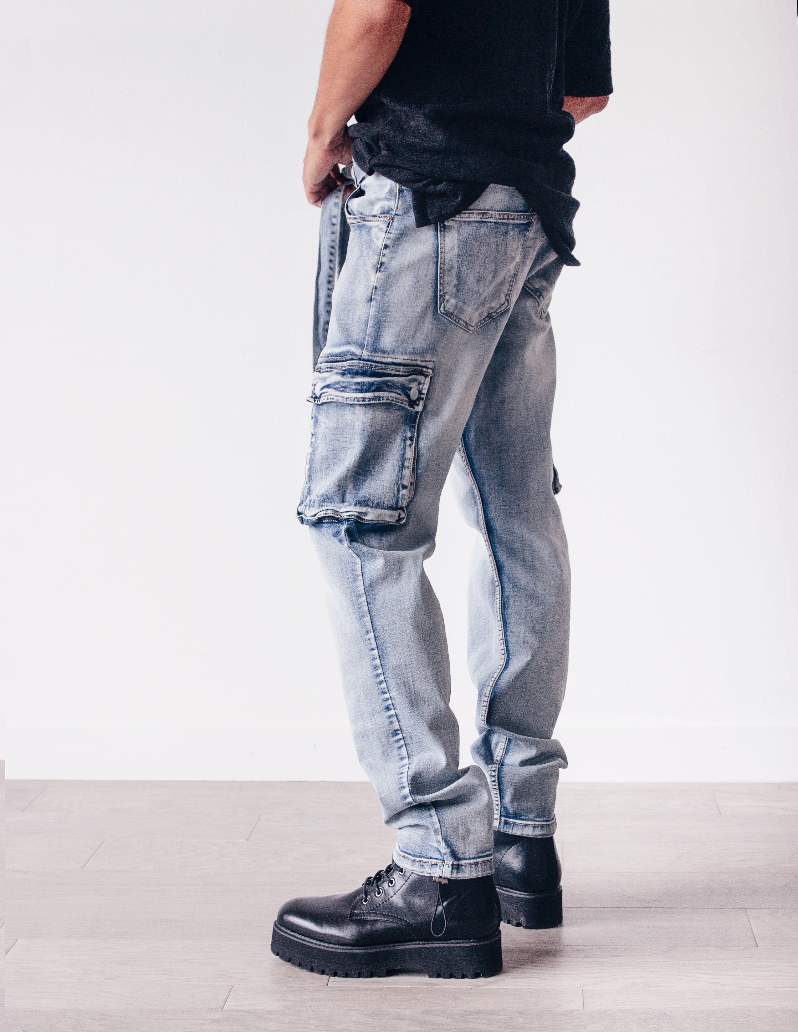 LEADING DENIM CARGO PANTS- SPINEL
