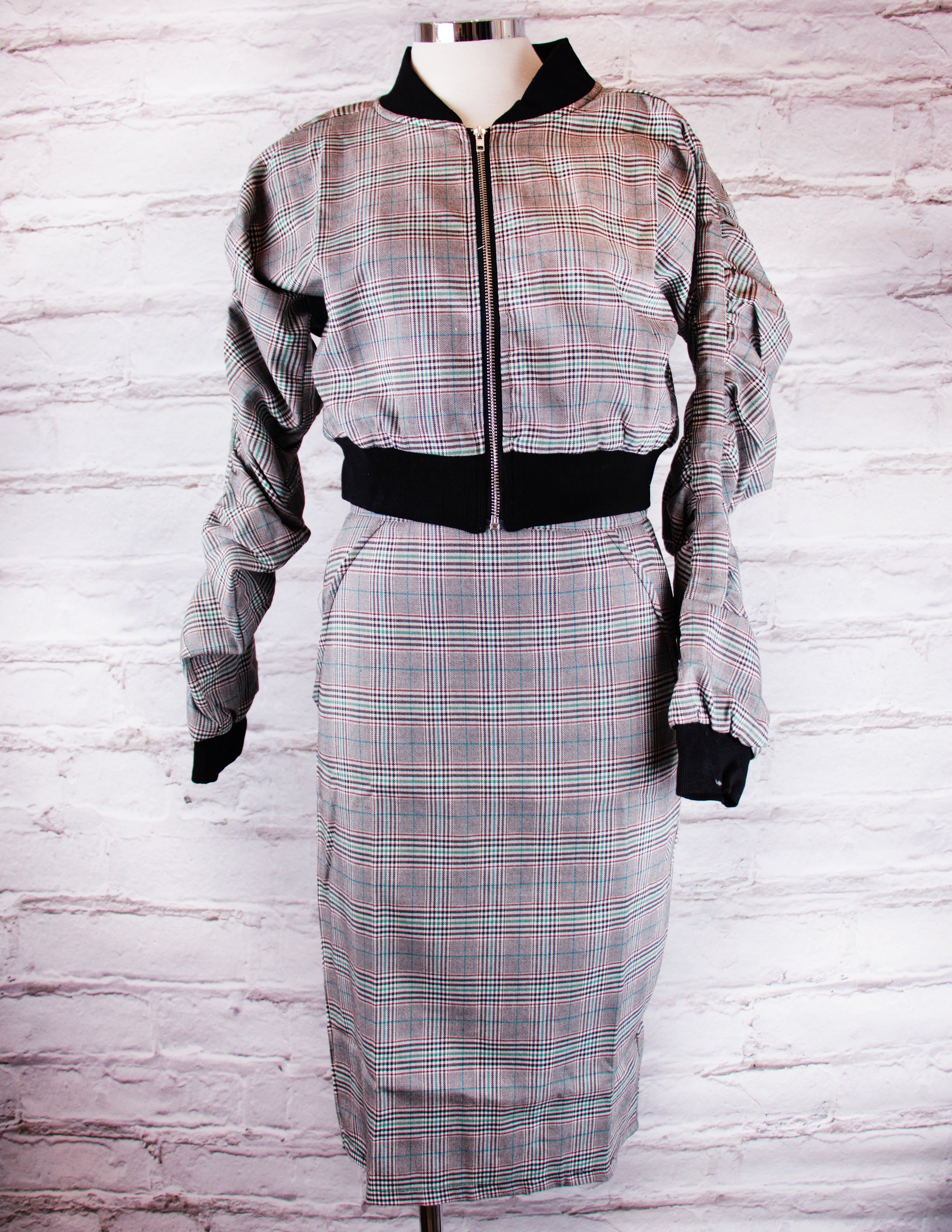 Plaid Cropped Jacket/ Skirt Set